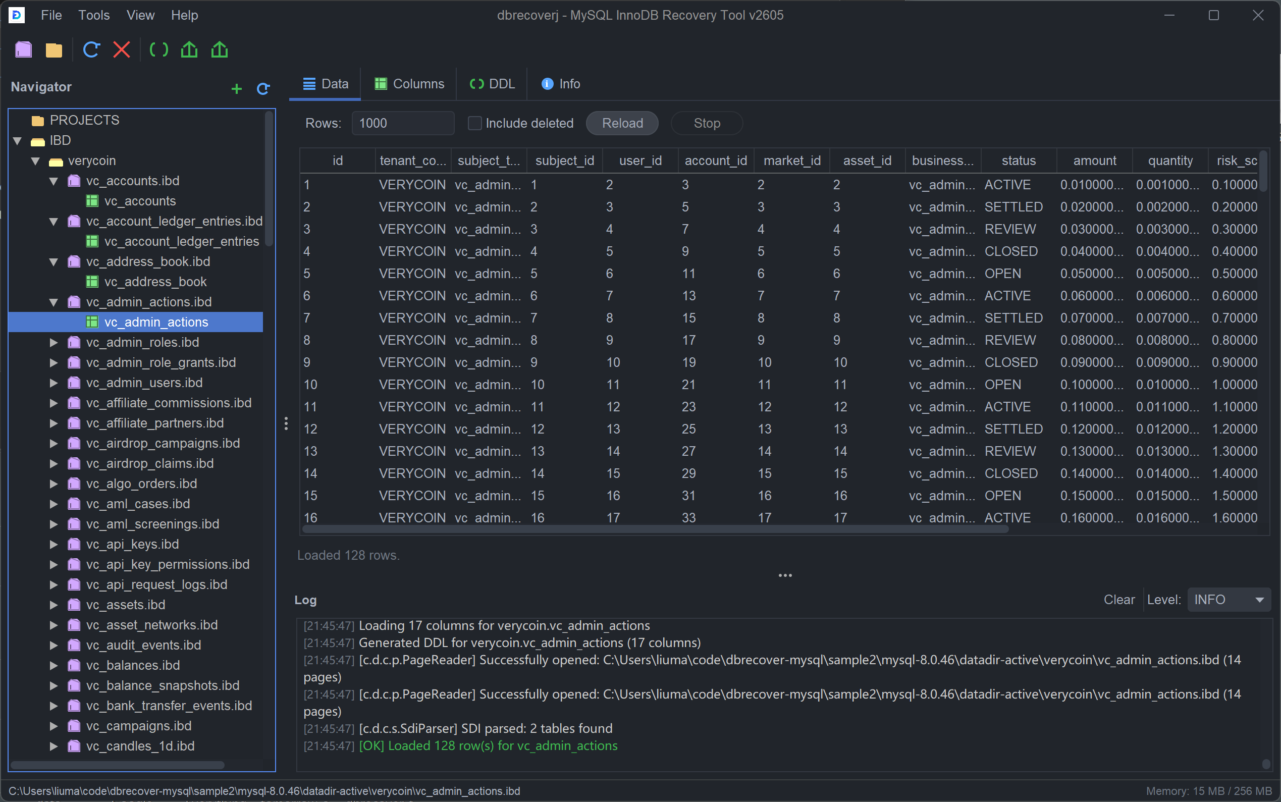 DBRECOVER for MySQL v2605 showing recovered InnoDB table data, columns, DDL, and log output